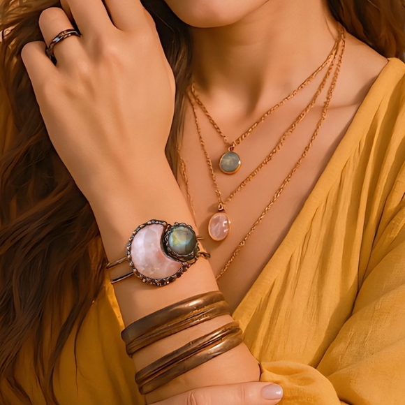 π Pink Rose Quartz & Labradorite Moon Natural Stone Bangle Cuff Bracelet πβ¨ - Picture 3 of 15